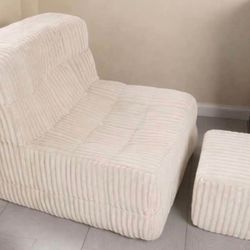 Boneless Floor Lounge Chair Indoor with Ottoman, Comfy Corduroy Lazy Sofa OFFWHITE