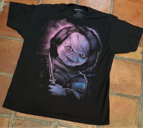 Chucky Child's Play Mens T-Shirt - Purple Tinted Chucky Knife Image XL