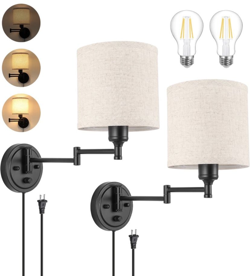 Set of Two Wall Sconces Dimmabl,  Plug in , Swing Arm Wall Lamp with Plug in Cord, Linen Fabric Shade. 2 LED bulbs.