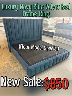 Luxury Navy Blue Velvet Channel-Tufted King Bed Frame