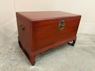 Cherry Finished Chinese Blanket Chest with Calligraphy Interior and Brass Hardware