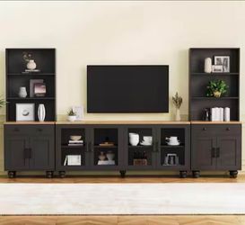 Qualler
Black Farmhouse TV Stand Fits TV's up to 70 in. with Bookshelves and Tempered Glass Doors