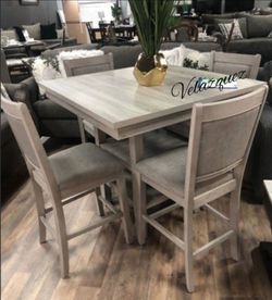 ✅️ 5 pc Wildon studio rustic natural tone,  finish wood and fabric counter height dining table set ✅️✅️