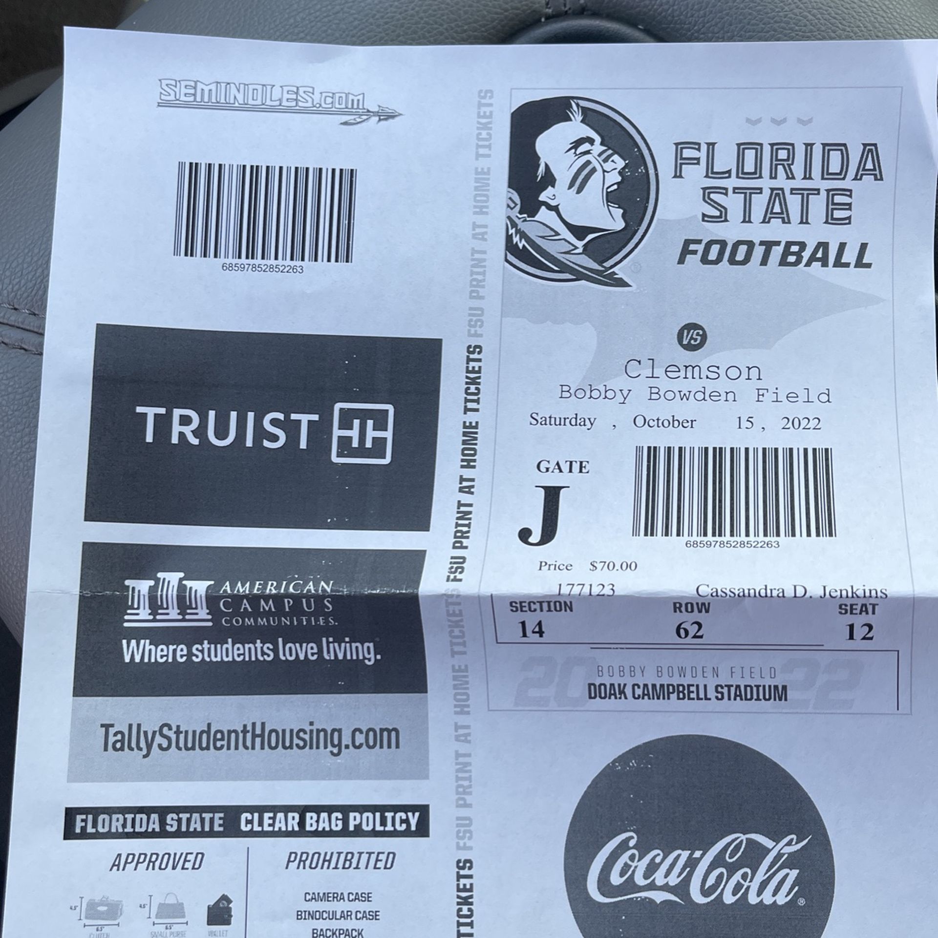FSU vs Clemson Ticket