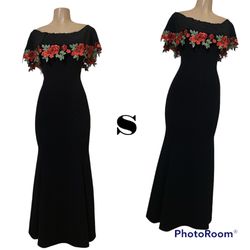 *Black/Floral Embroidered Off-Shoulder Formal Dress