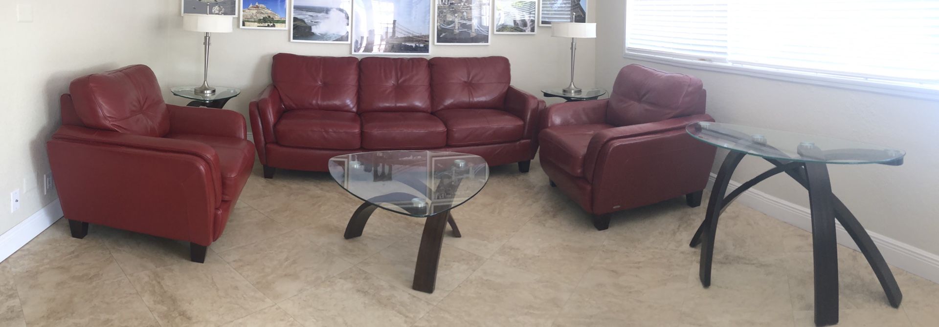 7 Pc Living Room Set:1 Leather Sofa, 2 Leather Chairs, 2 Side tables, 1 Coffee Table,1 Console Table