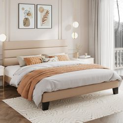 King Bed Frame, Platform Bed Frame with Fabric Upholstered Headboard, Beige