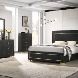 Bedroom Set 4 Pc Queen Size Black Finish. LED Light Headboard, Gold Trim Accents. New Especial Price