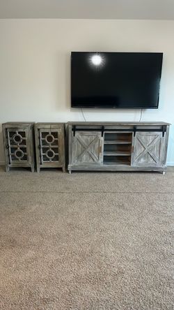 Farmhouse Barn Door TV Stand Console and 2 Nightstands