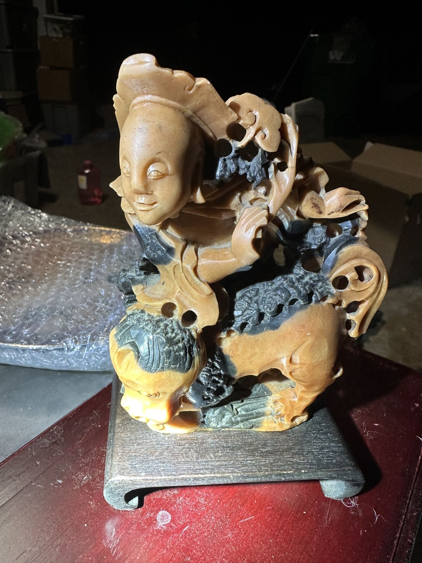 19th Ctry. Chinese Hand- carved "Coral-orange" Soapstone Figural Group: A Sage With His Tofu Scepter Astride A Bhuddistic Lion