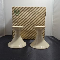Vintage Lenox Ivory Porcelain Candlestick Holders Pair Gold Trim w/ Box (UH)