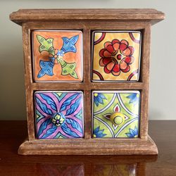 Wooden Organizer Painted Ceramic Drawers Made in India