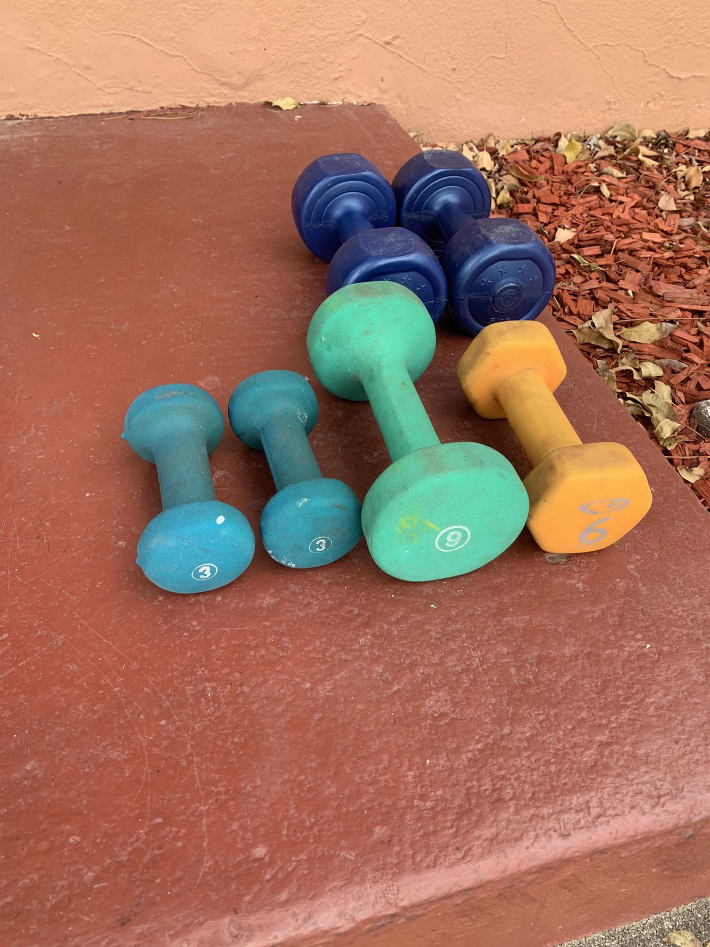 Dumbbells Set Of Threes And Fives Then One Six And One 9lb Neoprene Weights Working Out Excercise
