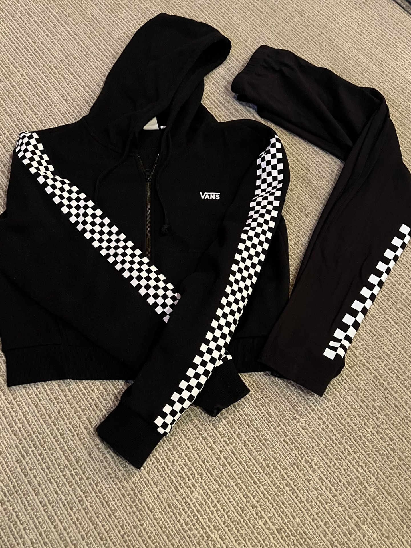 Van Women's Sweat Set-Zip Up Cut Sweatshirt Checkerboard With Black Checkerboard Stretched Pants