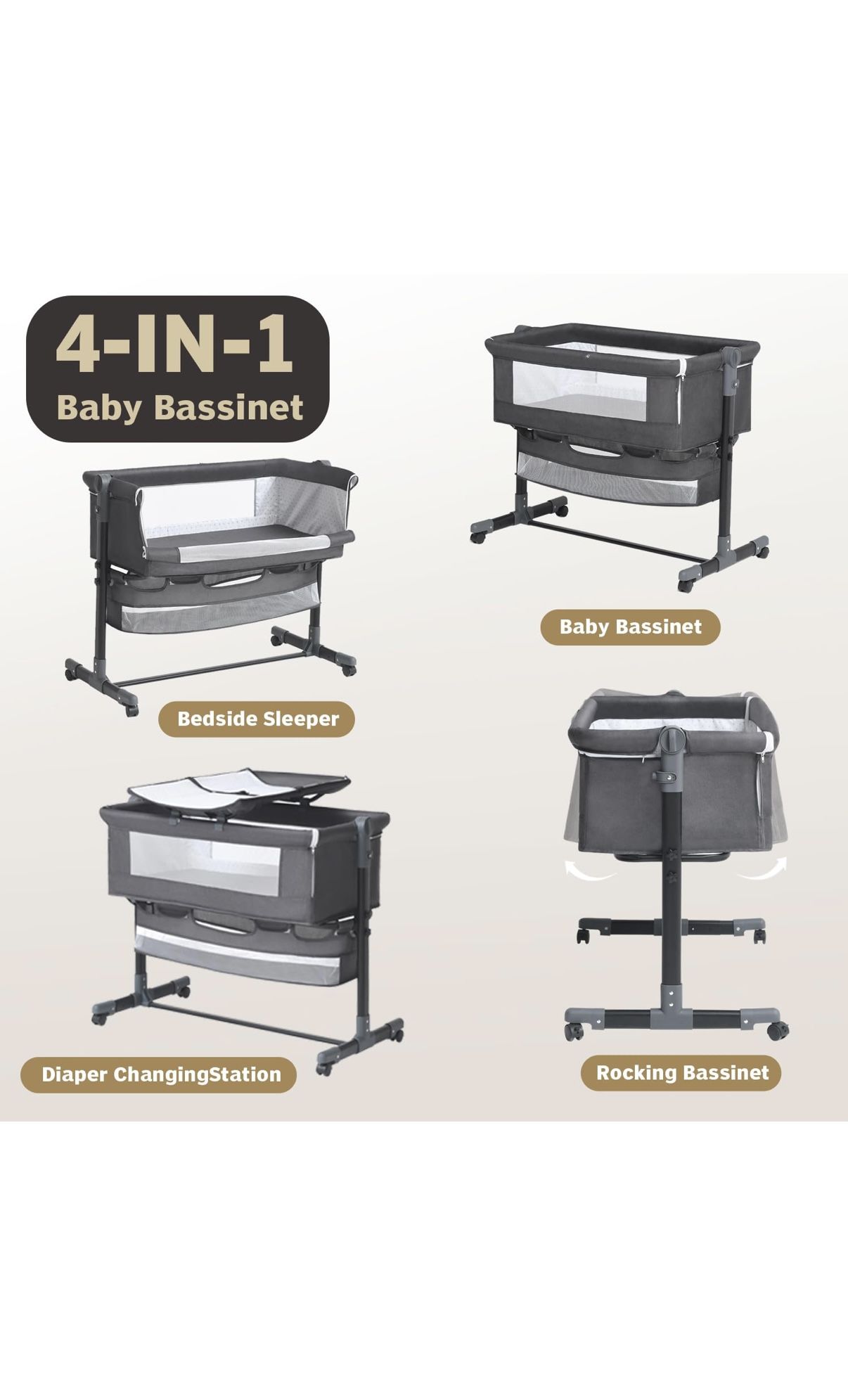 Bedside Crib, 3 in 1 Bassinet with Quick Height Adjustment and Mosquito Nets Rocking Bassinet for Baby, Bedside Bassinet with Wheels, Easy to Fold, Go