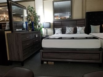 Brand new gray or white queen bedframe + dresser + mirror + nightstand + 10" thick innerspring queen pillowtop mattress + queen foundation
