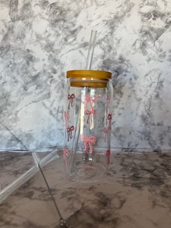 Glass Can Cup with Bamboo Lid and Straw