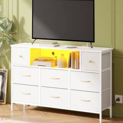 DRESSER - 8 Fabric Drawers Dresser for Bedroom with Power Outlets and LED Lights - Living Room, Entryway