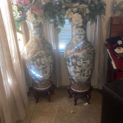 Pair Of Chinese Famille Rose Vase Chinese Decorated Floral 36” Tall