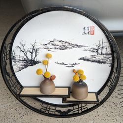Beautiful Asian Wall Decor. 20" Diameter. Painting With 2 Small Shelves And Tiny Vases