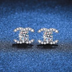 CC Initial  Stud Earrings Double CLab Grown Diamond Moissanite CC Custom Made 925 Sterling Silver Beautiful Luxurious Glamorous Passes Diamond Test 