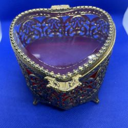 Antique Elegant Heart Filigree Hinged Jewelry Box 