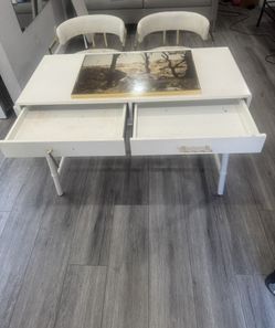 2 White/Gold Chairs +  Pottery Barn White Desk + Framed Cheetah Art – $200 Firm