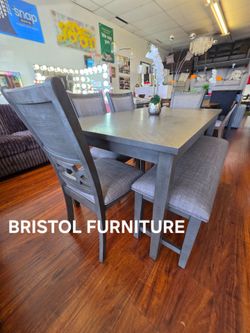 🏆 Dining Set 6 Pc, Dark Gray Color, Upholstery Fabric,  New In The Box.