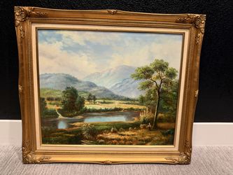 Mountain Lake Landscape Oil Painting Gold Frame 29x25
