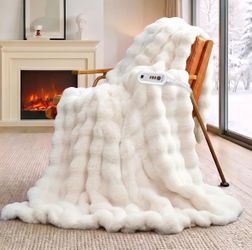 Cozy Bliss Heated Blanket Throw, Bubble Faux Fur Electric Blanket, Fast Heating, 8 Heat Levels & 8 Timer Settings, Auto Shut-Off & Overheat Protection