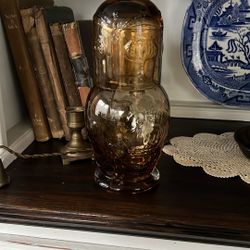 Vintage Amber Glass Bedside Water And Tumbler Set 