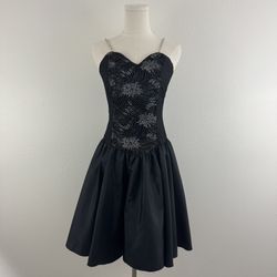 Vintage 90s Black Velvet Silver Floral Glitter Formal Homecoming Mini Dress