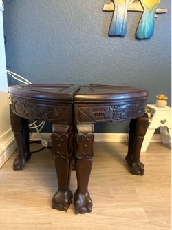 Vintage Hong Kong Carved Wood Nesting Stool Set / Round Accent Table – 4 Piece