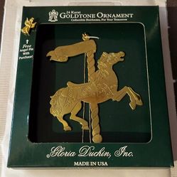Christmas Gloria Duchin 24 Karat Gold Tone Merry-Go-Round Horse Ornament w/ Pin