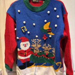 Vintage Christmas Sweater Robinsons Size M  Santa and reindeer’s plus snowballs and a jingle bell in the back!