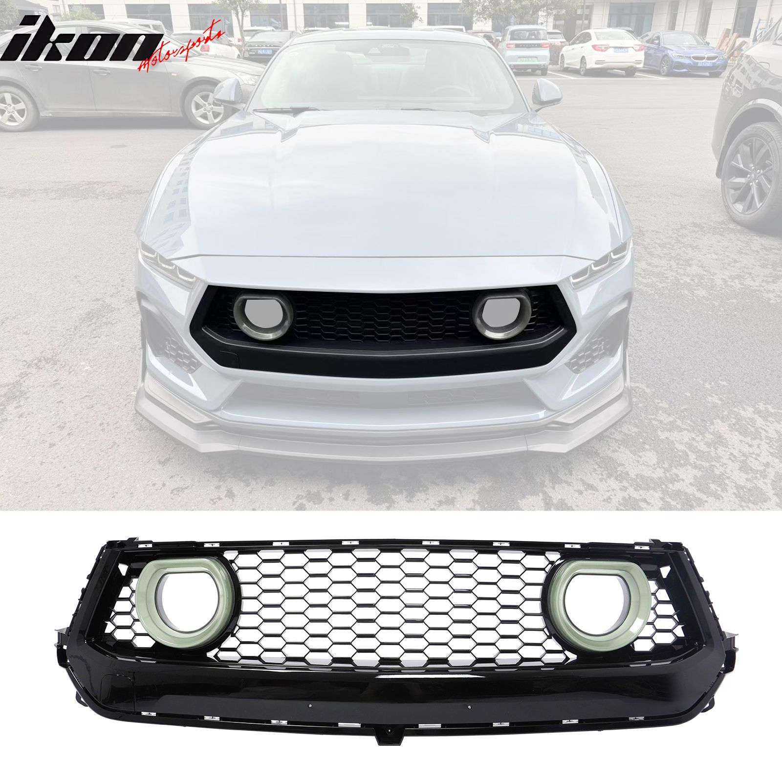 Fits 2024-2026 Ford Mustang Front Upper LED Grille Gloss Black ABS Assembly V1 Style