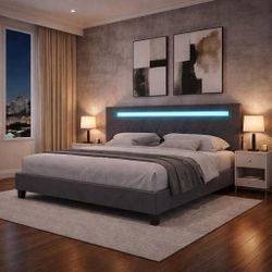 King size bed frame with LED Headboard, Upholstered Platform, Charging Station, gray D-43