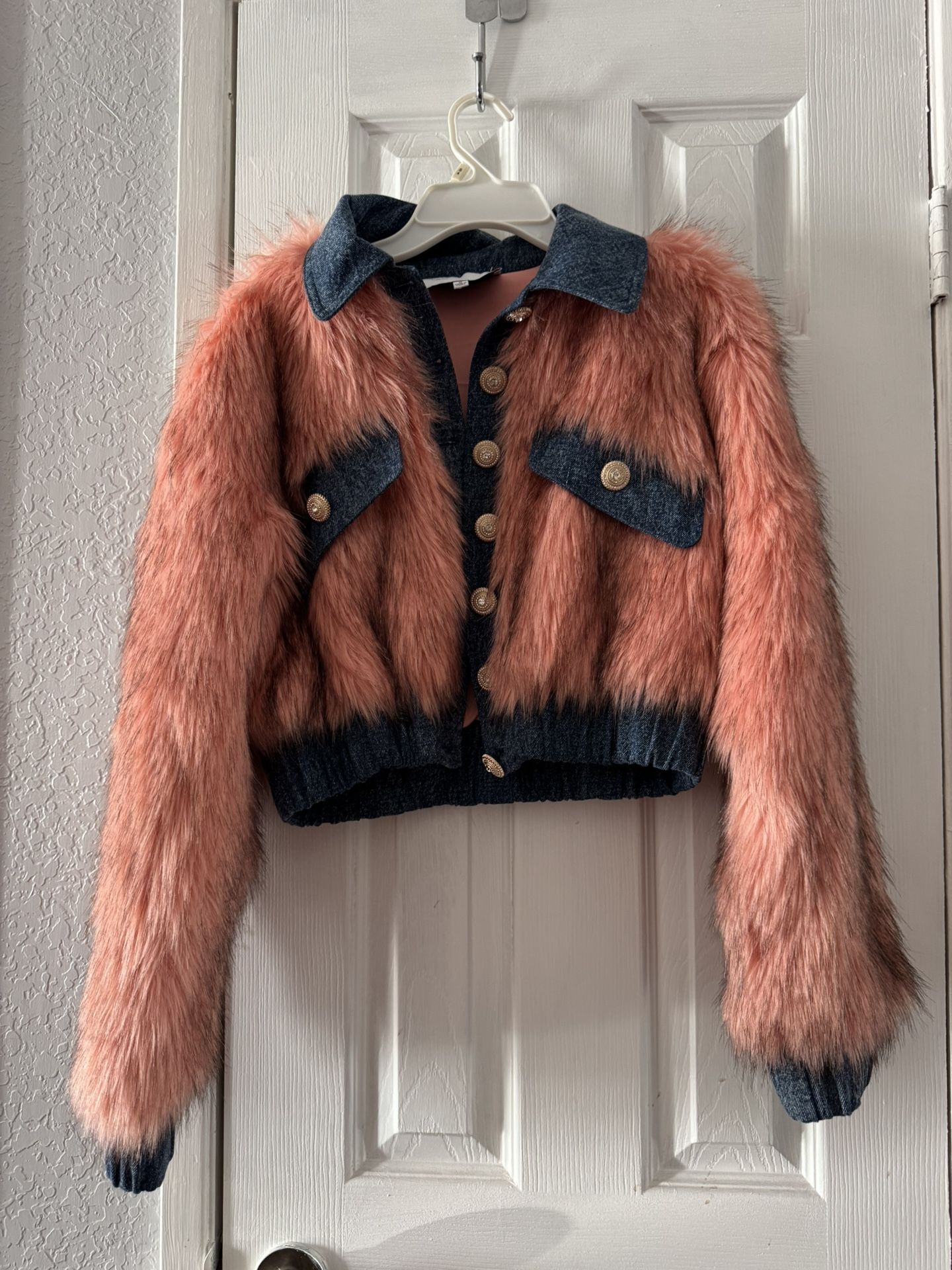 Denim And Pink Fake Fur Short Jacket