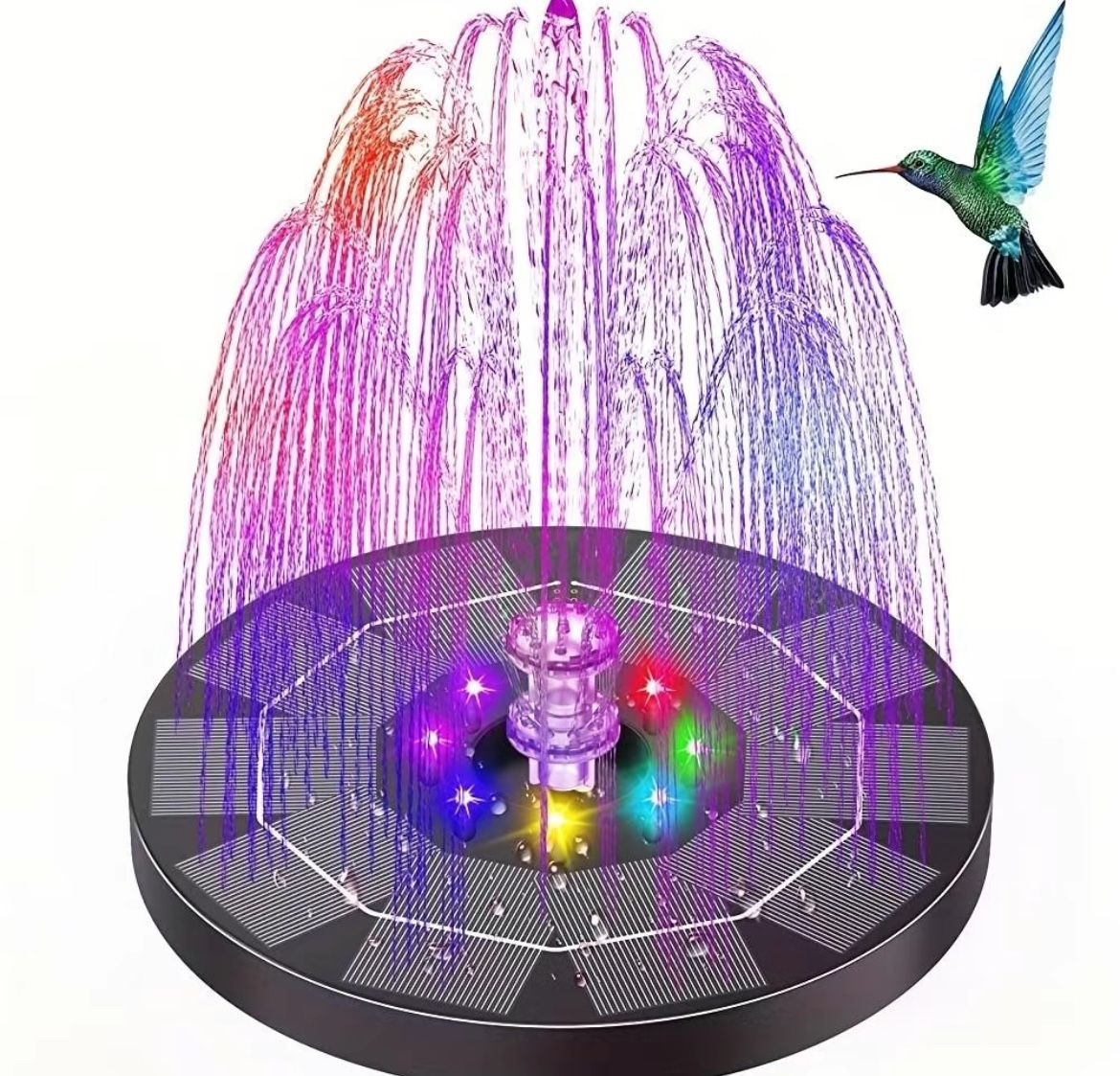 Solar Fountain for Bird Bath, 1 Piece Solar Fountain with Light, Pool Fountain with 7 Nozzles, Solar Powered Water Fountain Pump for Garden, Ponds, Po