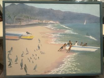 Signed Tropical Beach Boat Painting/Print