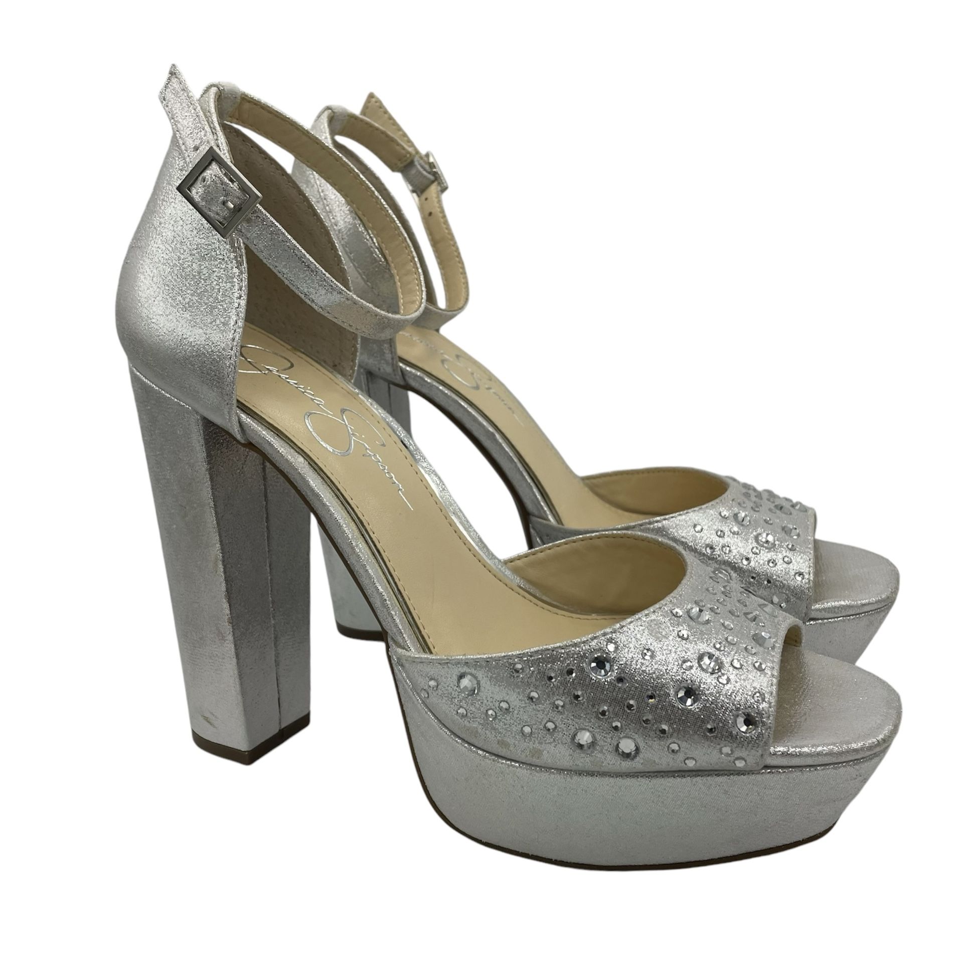 Jessica Simpson studs platform ankle straps silver pumps women Size 8 1/2