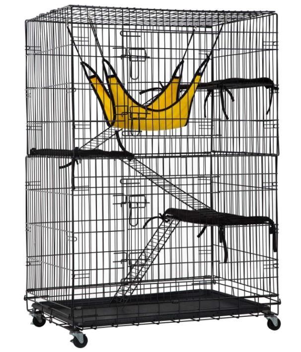4-Tier 49 Inch Collapsible Metal Cat Kitten Ferret Cage 360° Rotating Casters Enclosure Pet Playpen with Ramp Ladders Hammock and Bed