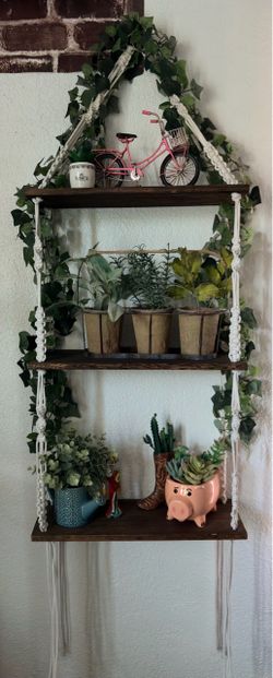 Macrame Hanging Wall Shelf 3 Tier Wood