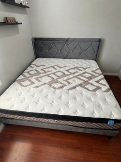 Gray Velvet Upholstered Bed Frame with Mattress