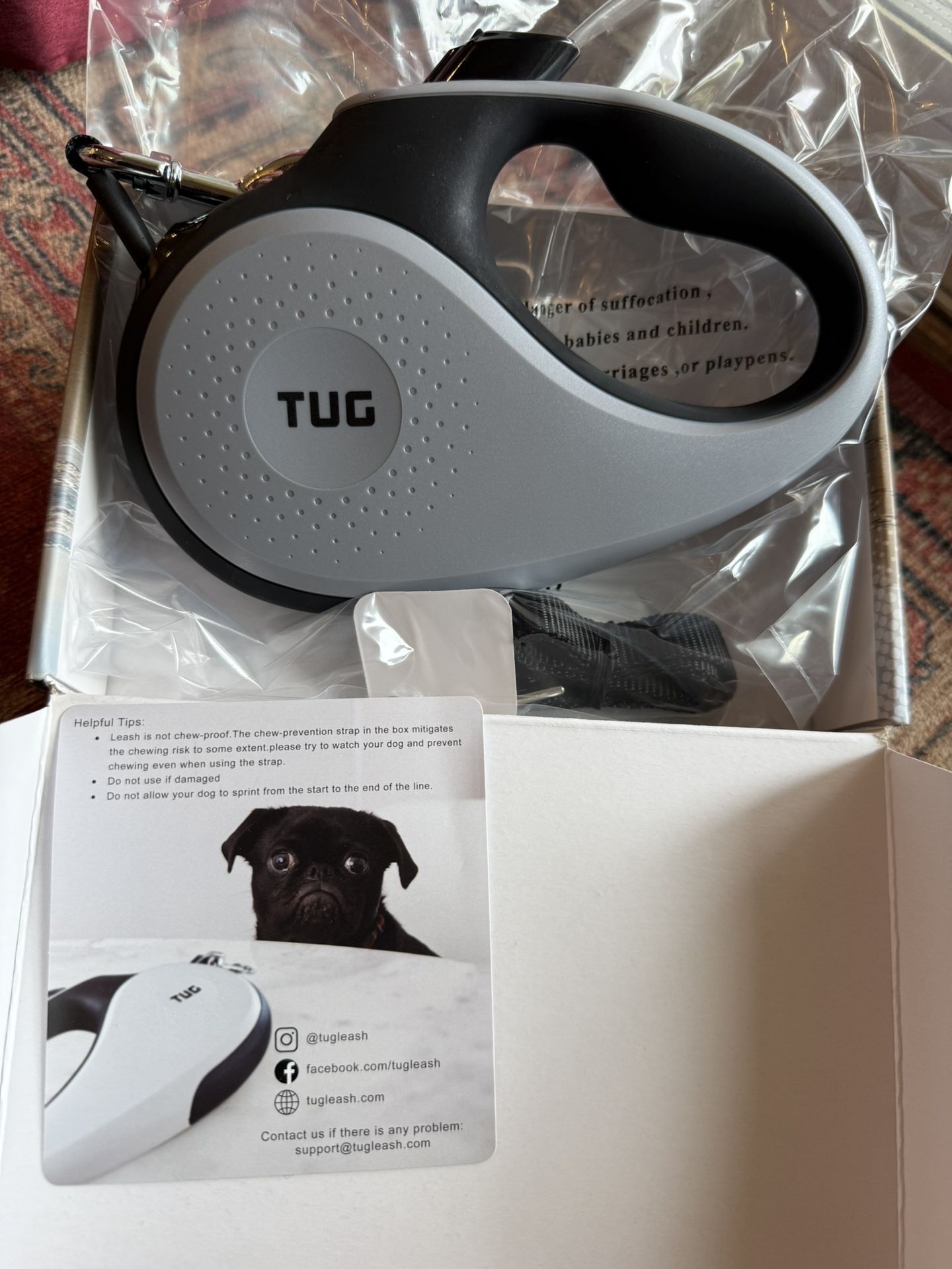 TUG 360° Tangle-Free Retractable Dog Leash | 16 ft Strong Nylon Tape | One-Handed Brake, Pause, Lock (Medium/Grey&Black