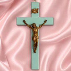 Vintage Original Fine Art Cross Crucifix Solid Wood Brass Metal Jesus Christ 12” SHABBY CHIC Mint Green Paint Aqua Blue Antique Collectible HILLCREST