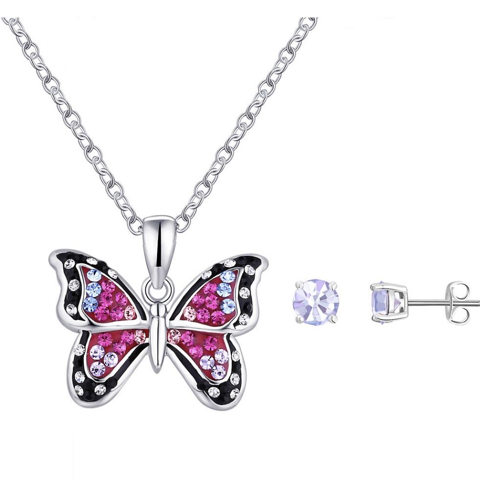 Crystal Collective Fine Silver Plated Purple Stud Earring Butterfly Necklace set Pretty lavender crystal stud earrings pair with a vibrant butterfly