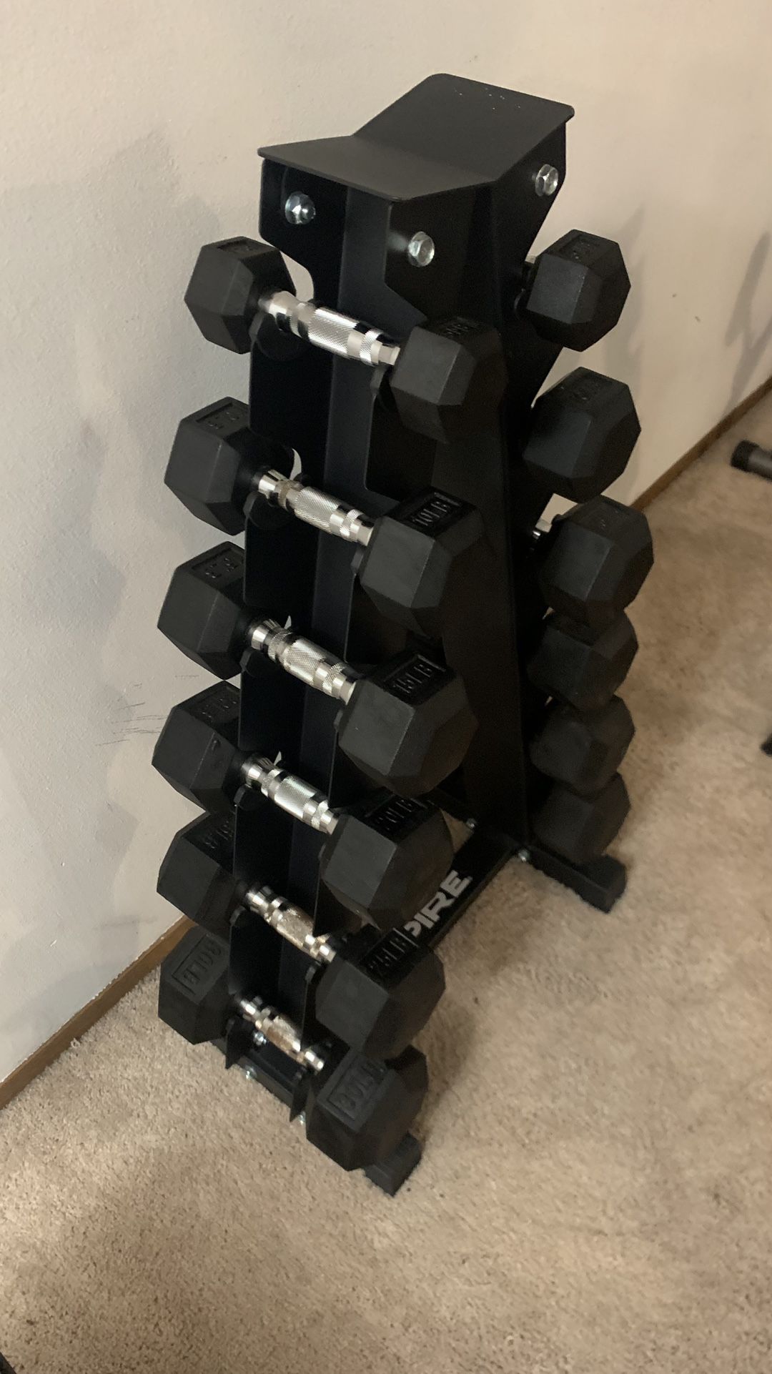 Inspire Fitness Rubber Hex Dumbbell Set + Rack