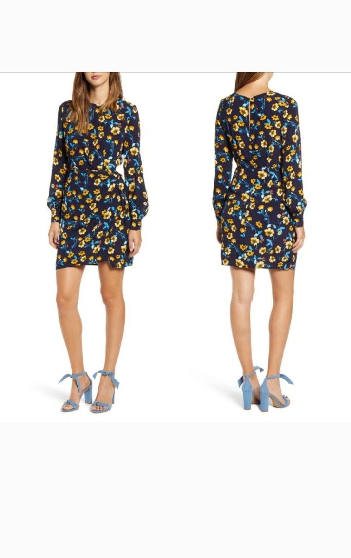 ASTR Size XS Floral Apron Front Long Slv Dress Navy Blue Yellow Floral Print