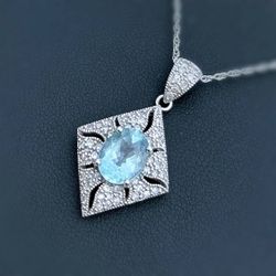 Jewelry 10k solid white gold Pendant natural diamonds 0.30CTW diamonds aquamarine 1.5CTW triangle charm